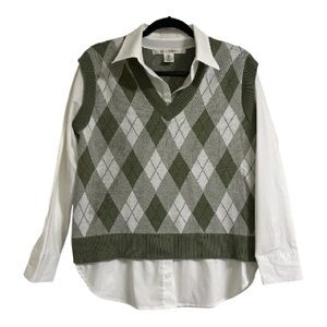 MAX STUDIO Argyle Sweater Vest with attached White Shirt, Green, S
